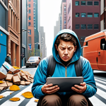 A poignant depiction of a gig economy worker, possibly a delivery person or a freelance professional, looking weary and overwhelmed while juggling multiple tasks on digital devices in a vibrant, fast-paced city. In the background, symbolic representations of traditional employee benefits like paid leaves, health insurance, and retirement funds are abstractly fading or breaking apart, illustrating their absence. A looming, stylized digital 'platform' interface subtly dominates the upper frame, suggesting control and reduced autonomy. The scene should convey a sense of vulnerability and the stark contrast with conventional employment.