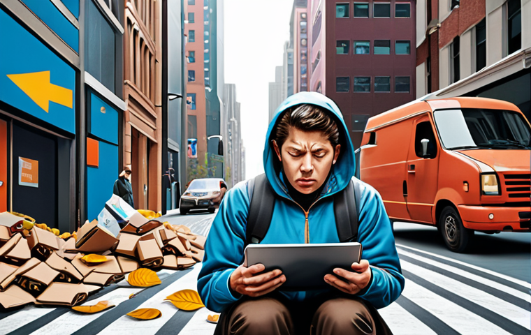 A poignant depiction of a gig economy worker, possibly a delivery person or a freelance professional, looking weary and overwhelmed while juggling multiple tasks on digital devices in a vibrant, fast-paced city. In the background, symbolic representations of traditional employee benefits like paid leaves, health insurance, and retirement funds are abstractly fading or breaking apart, illustrating their absence. A looming, stylized digital 'platform' interface subtly dominates the upper frame, suggesting control and reduced autonomy. The scene should convey a sense of vulnerability and the stark contrast with conventional employment.