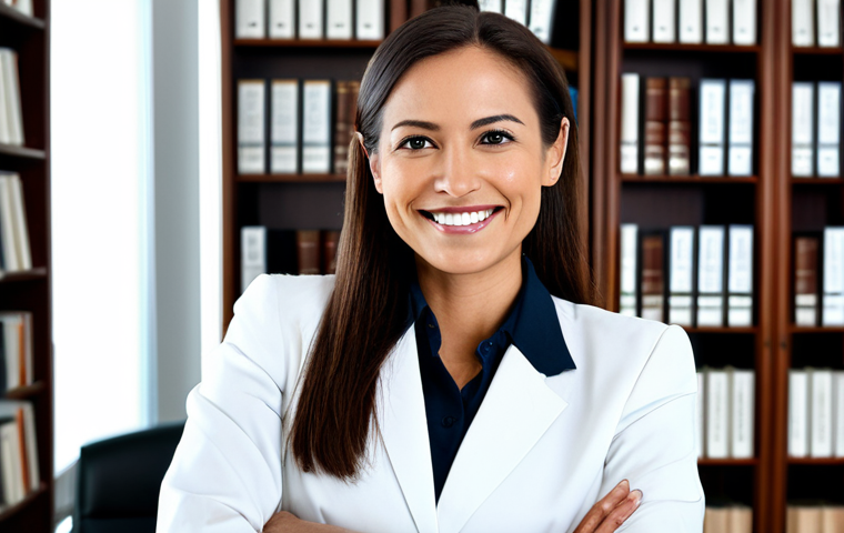 **
"A professional labor lawyer, fully clothed in appropriate business attire, standing confidently in a modern law office. Bookshelves filled with legal texts are visible in the background. The lawyer is smiling reassuringly, ready to assist clients. Perfect anatomy, correct proportions, well-formed hands, proper finger count, natural pose, professional environment, safe for work, appropriate content, professional, family-friendly."
**