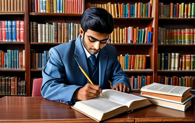 **
"A focused student studying labor law textbooks in a library, surrounded by Hindi language materials, fully clothed, appropriate attire, safe for work, perfect anatomy, natural proportions, high quality, educational setting, professional illustration."
**