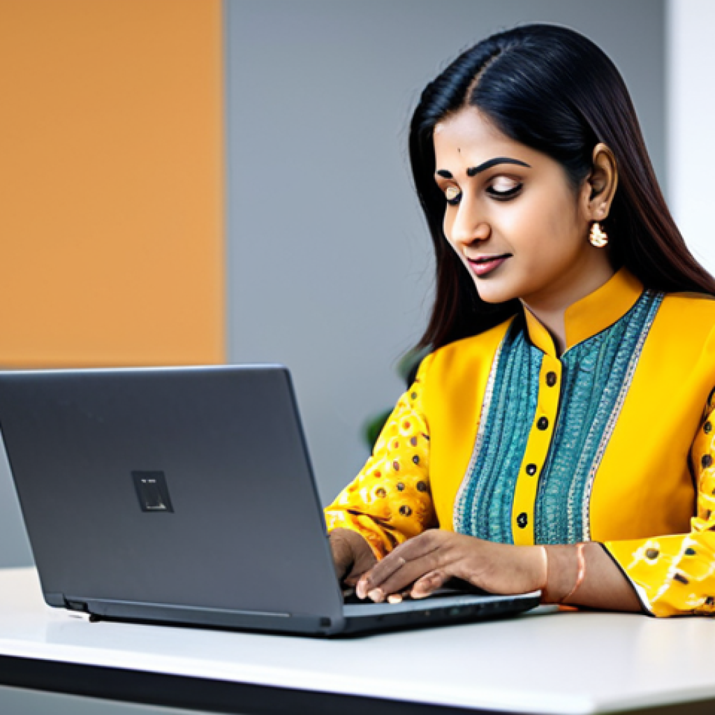 **

A professional Indian woman in a modern, modest salwar kameez, working on a laptop in a bright, contemporary office space.  Focus on a warm, inviting atmosphere.  Ensure perfect anatomy, well-formed hands, and a natural pose. Fully clothed, appropriate attire, safe for work, high quality, professional photography.

**