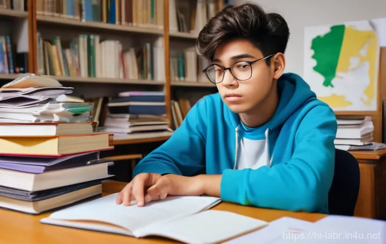 공인노무사 학습에서 자주 하는 실수 - **Prompt:** A young adult student (gender-neutral, late teens/early twenties) sits at a heavily clut...