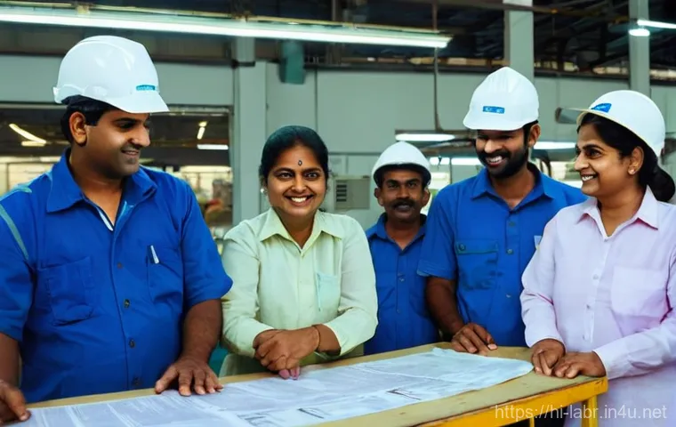 노동법과 노무사의 주요 사례 - **Prompt:** A vibrant and optimistic scene inside a modern Indian factory. Diverse Indian workers, b...