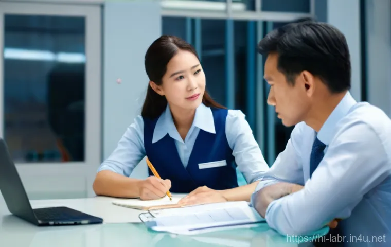 노무사의 팀워크와 협업 사례 - **Prompt:** "A diverse team of three professional labor law specialists, two men and one woman, in t...