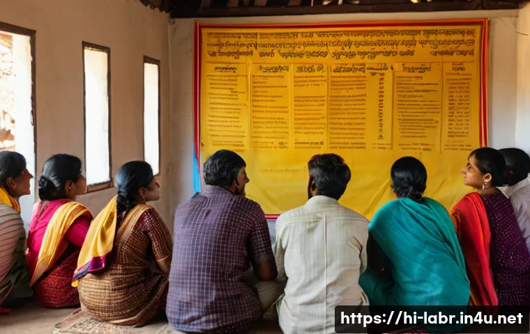 노무사와 근로자 보호 역할 - A diverse group of Hindi-speaking Indian laborers attentively attending a community seminar in a mod...