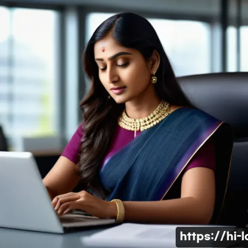 노무사로서의 업무 윤리 사례 - A professional Indian woman named Naumusa in a modern office setting, thoughtfully balancing ethical...