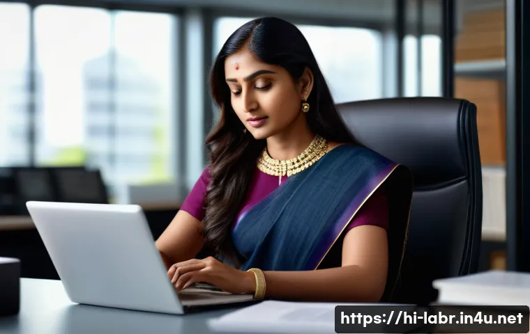 노무사로서의 업무 윤리 사례 - A professional Indian woman named Naumusa in a modern office setting, thoughtfully balancing ethical...