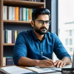 노무사 경력관리와 연봉 상승 전략 - A professional Indian man in his 30s sitting at a modern home office desk, attentively learning from...