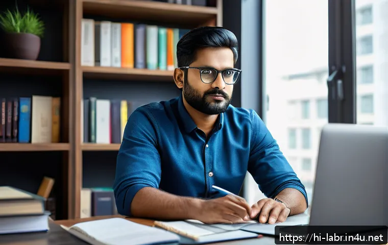 노무사 경력관리와 연봉 상승 전략 - A professional Indian man in his 30s sitting at a modern home office desk, attentively learning from...