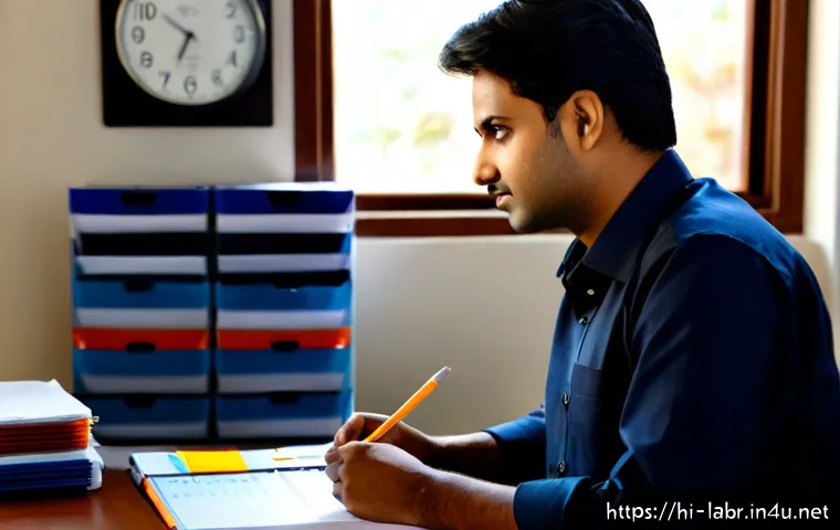공인노무사로서의 시간 관리 비법 - Photorealistic Indian labor law professional in a neat business-casual office, calmly organizing a c...