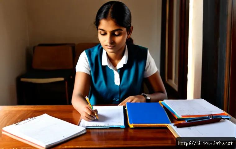 Home 17 노무사 시험 과목별 고득점 전략 - Photorealistic Indian law student preparing for a professional labor law examination, seated at a ti...