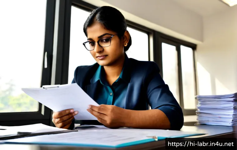 노무사로 일하며 느낀 점 - Photorealistic Indian labor relations consultant in a neat professional office, calmly reviewing emp...