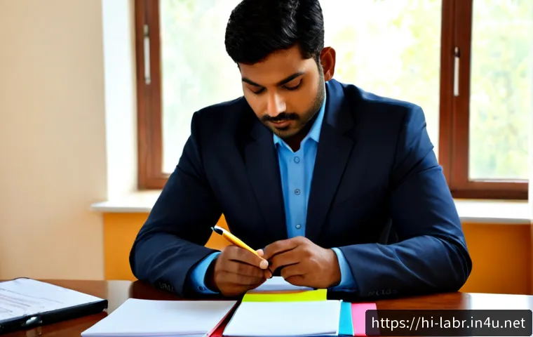 공인노무사 시험의 실기 대비법 - Photorealistic study scene of a focused Indian adult professional preparing for a labor law practica...